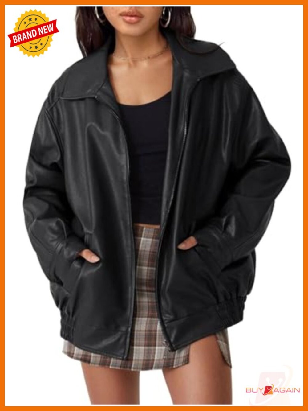 Oversized Faux Leather Jacket Women Zip Up Moto Bomber Coat Fall Winter